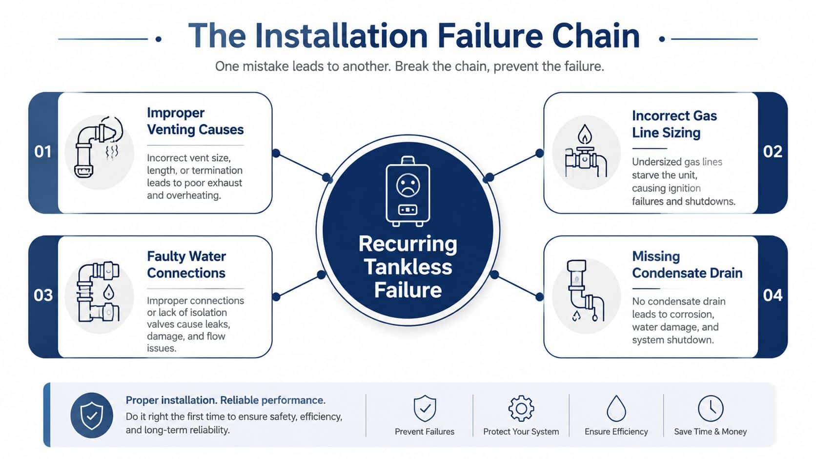 An infographic detailing common installation mistakes that cause recurring failures in tankless water heater systems.