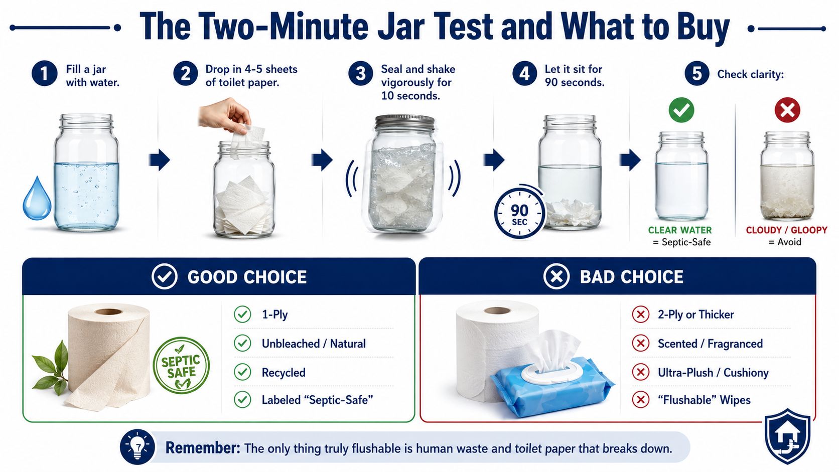 An infographic showing the two-minute jar test to determine if toilet paper is septic-safe for home plumbing.