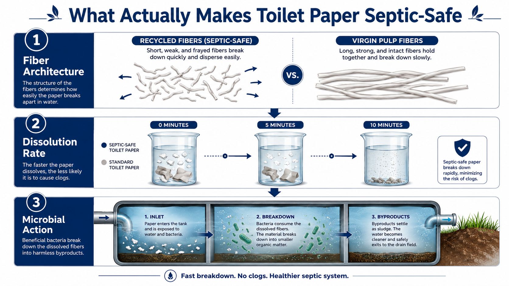 An infographic explaining how septic-safe toilet paper breaks down through fiber architecture, dissolution, and microbial action.