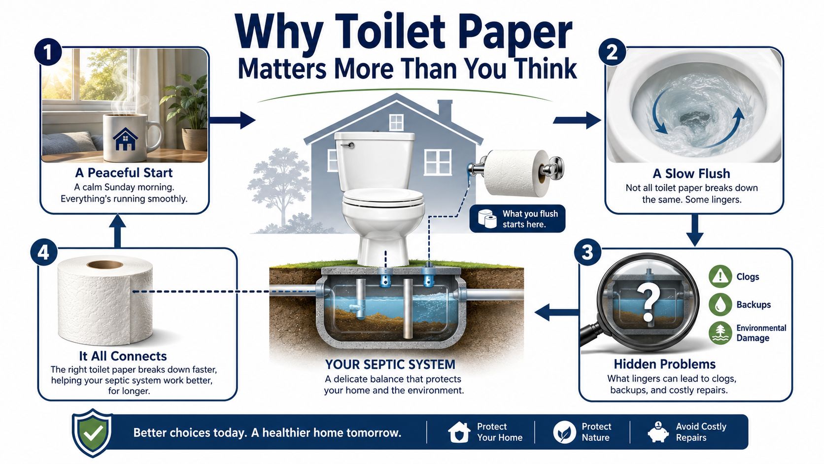 An infographic showing how choosing the right toilet paper prevents septic system clogs and environmental damage.