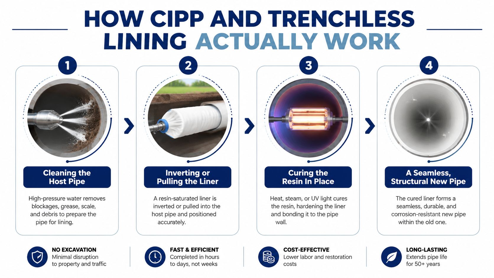 An infographic illustrating the four-step process of CIPP trenchless pipe lining for repairing damaged underground sewer systems.