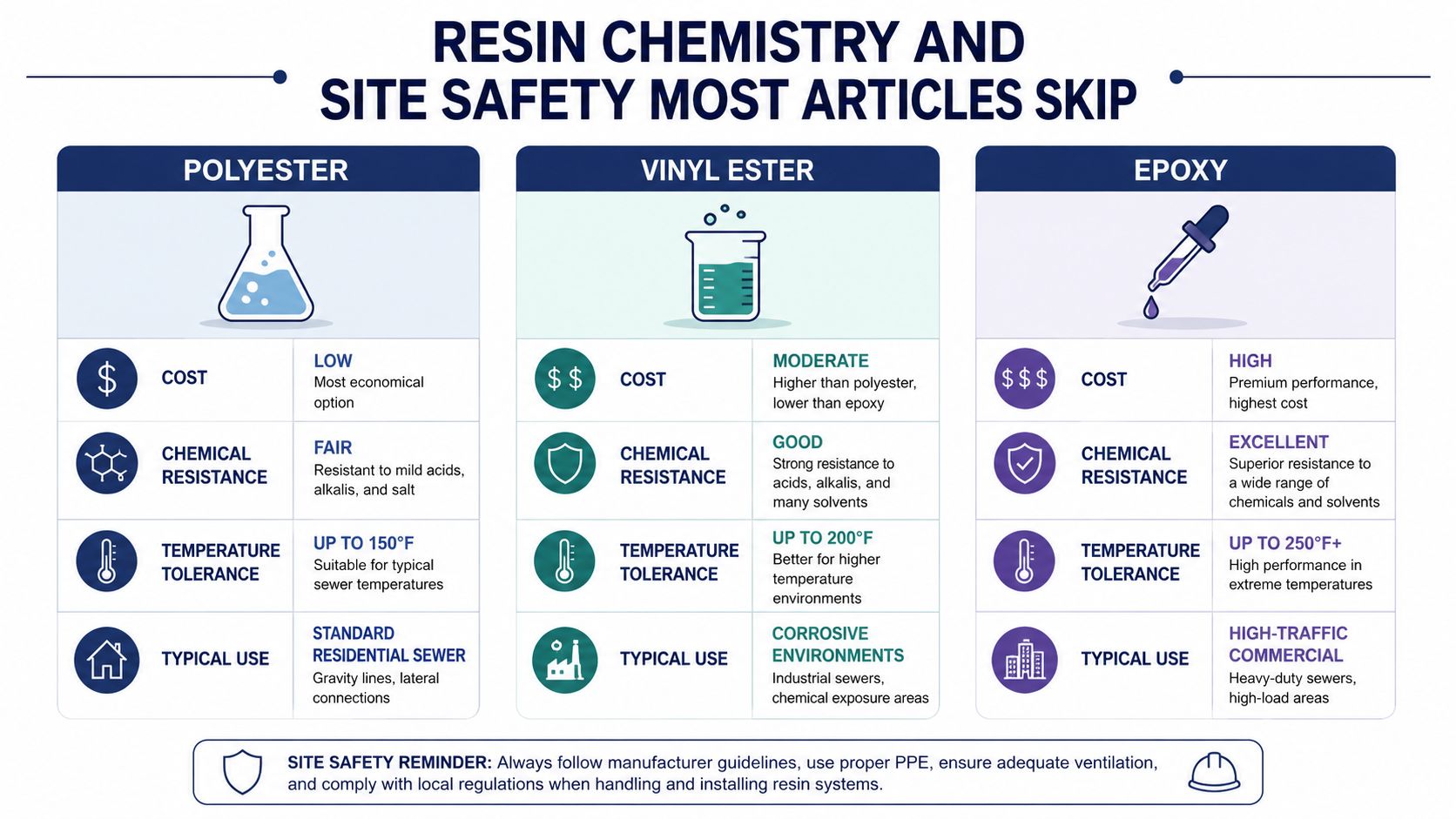 A comparison chart outlining the properties, chemical resistance, temperature limits, and common uses for polyester, vinyl ester, and epoxy resins.