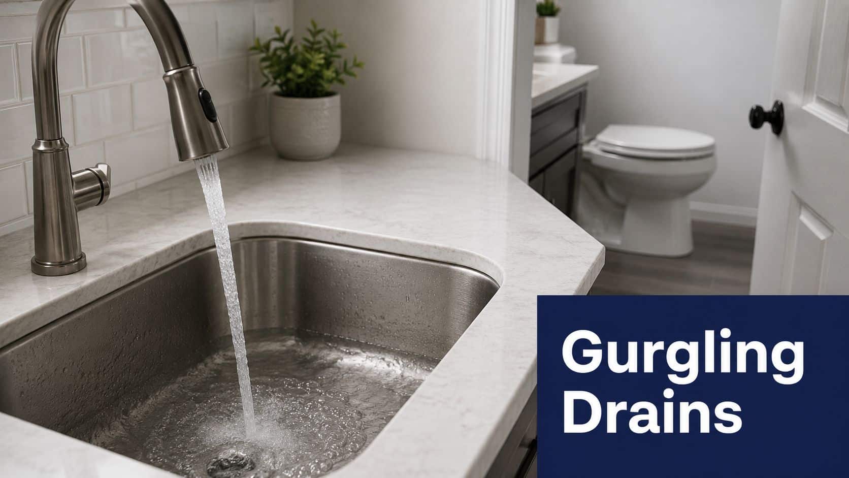 A stainless steel sink with running water in a bathroom, highlighting the issue of gurgling drains.