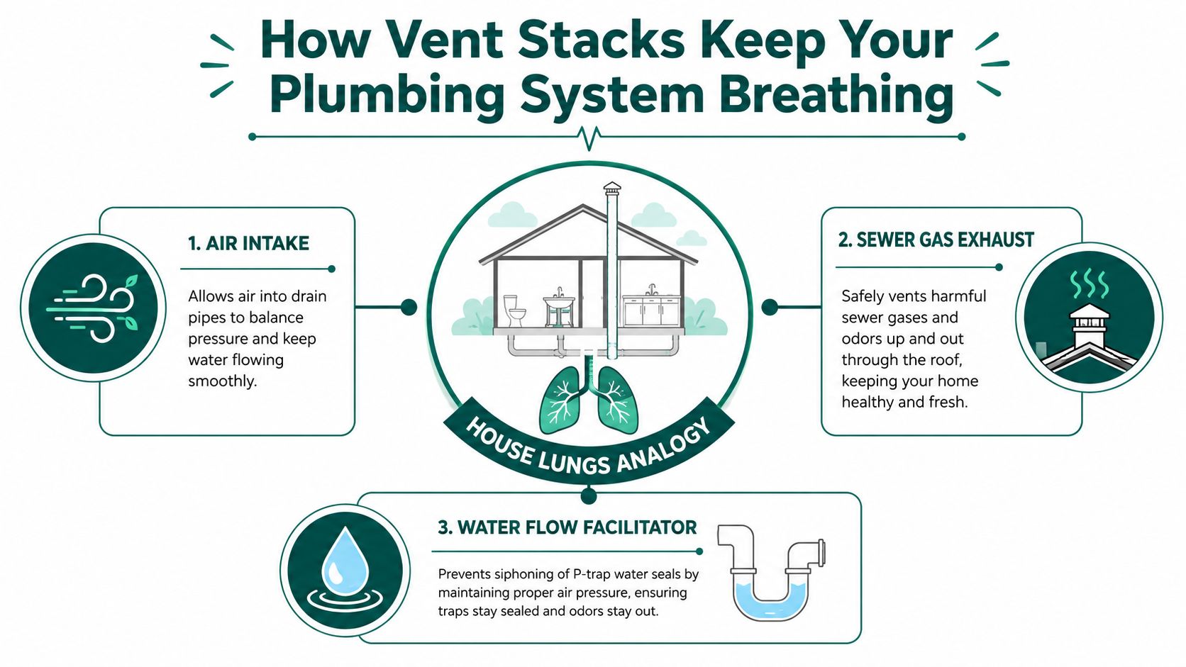 An infographic illustrating how plumbing vent stacks function as lungs for a house by managing air and gas.