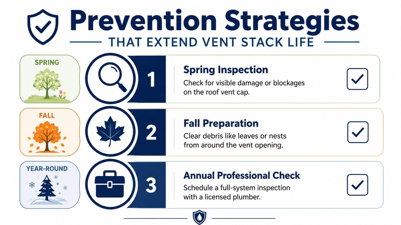 An infographic detailing three key prevention strategies to extend the lifespan of a home vent stack.