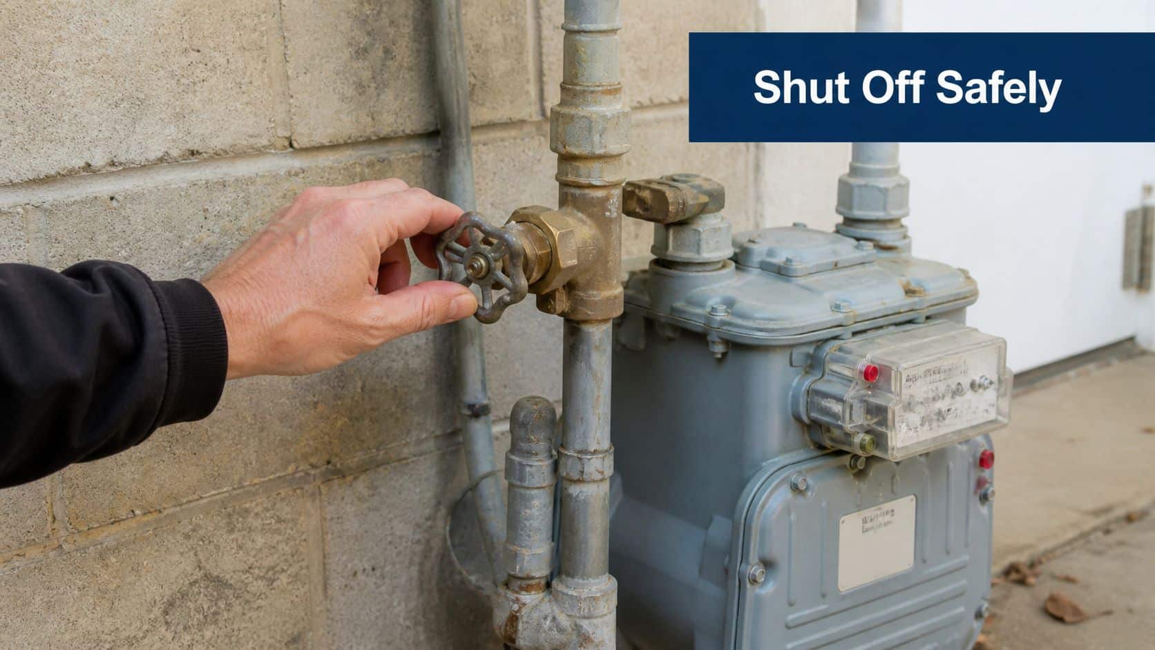 A person's hand reaches to turn the metal valve on a residential natural gas meter assembly.