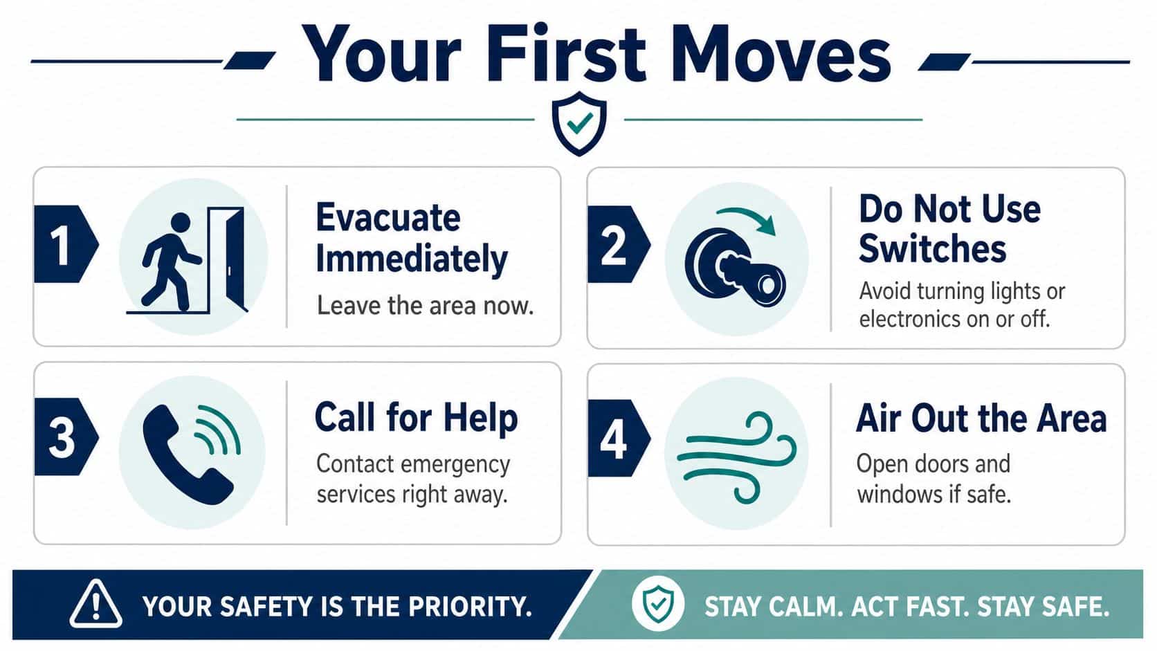 An infographic titled Your First Moves showing four safety steps to follow for a gas leak emergency.