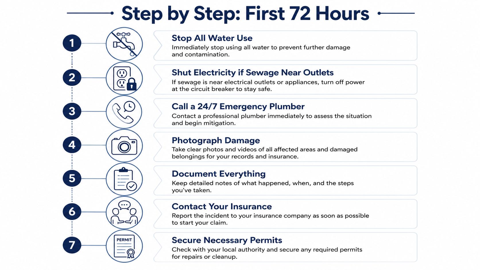 A seven-step checklist guide titled First 72 Hours for responding to emergency sewer or water damage incidents.