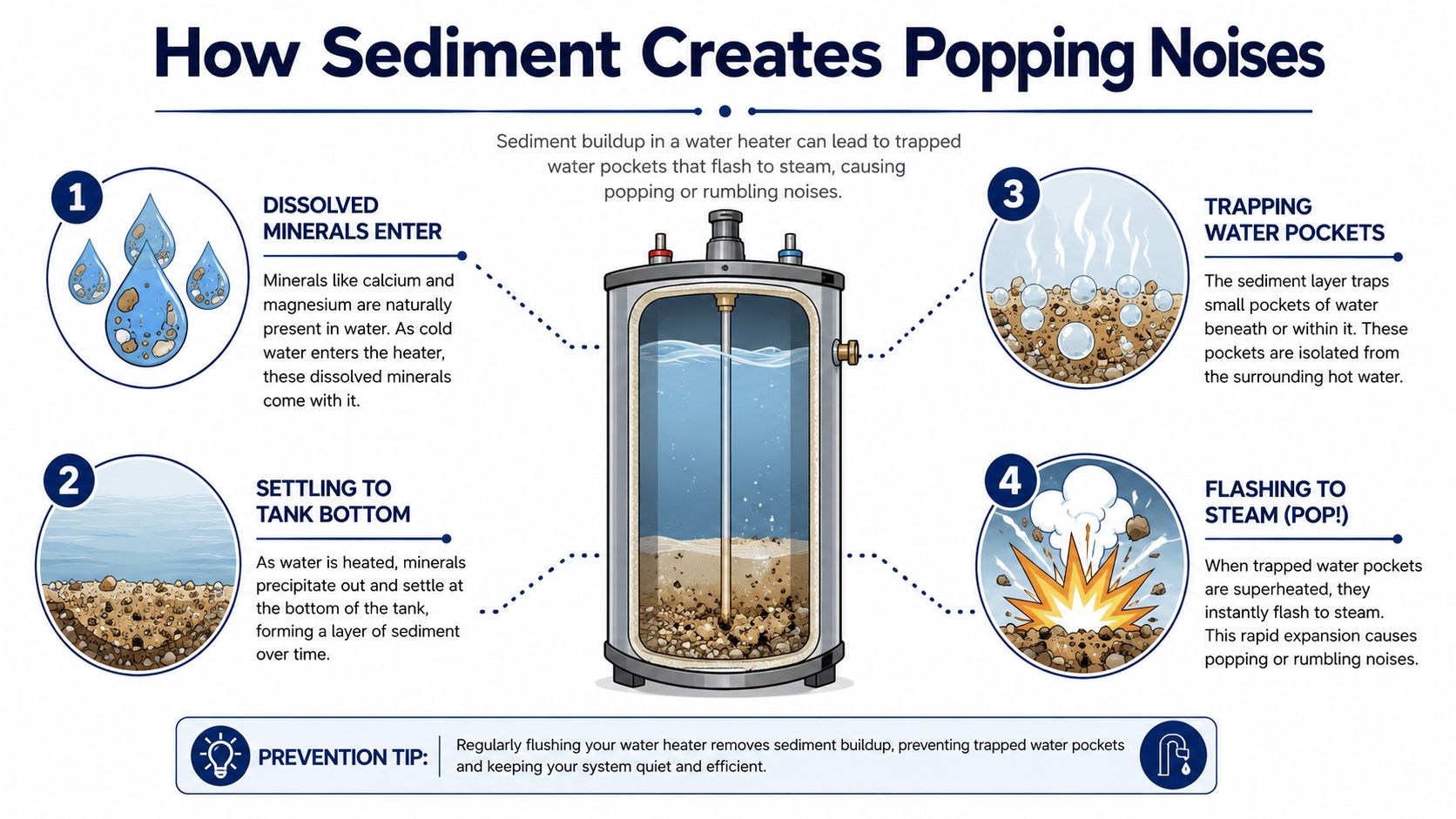 An infographic illustrating how mineral sediment accumulation in water heaters causes popping and rumbling noise issues.