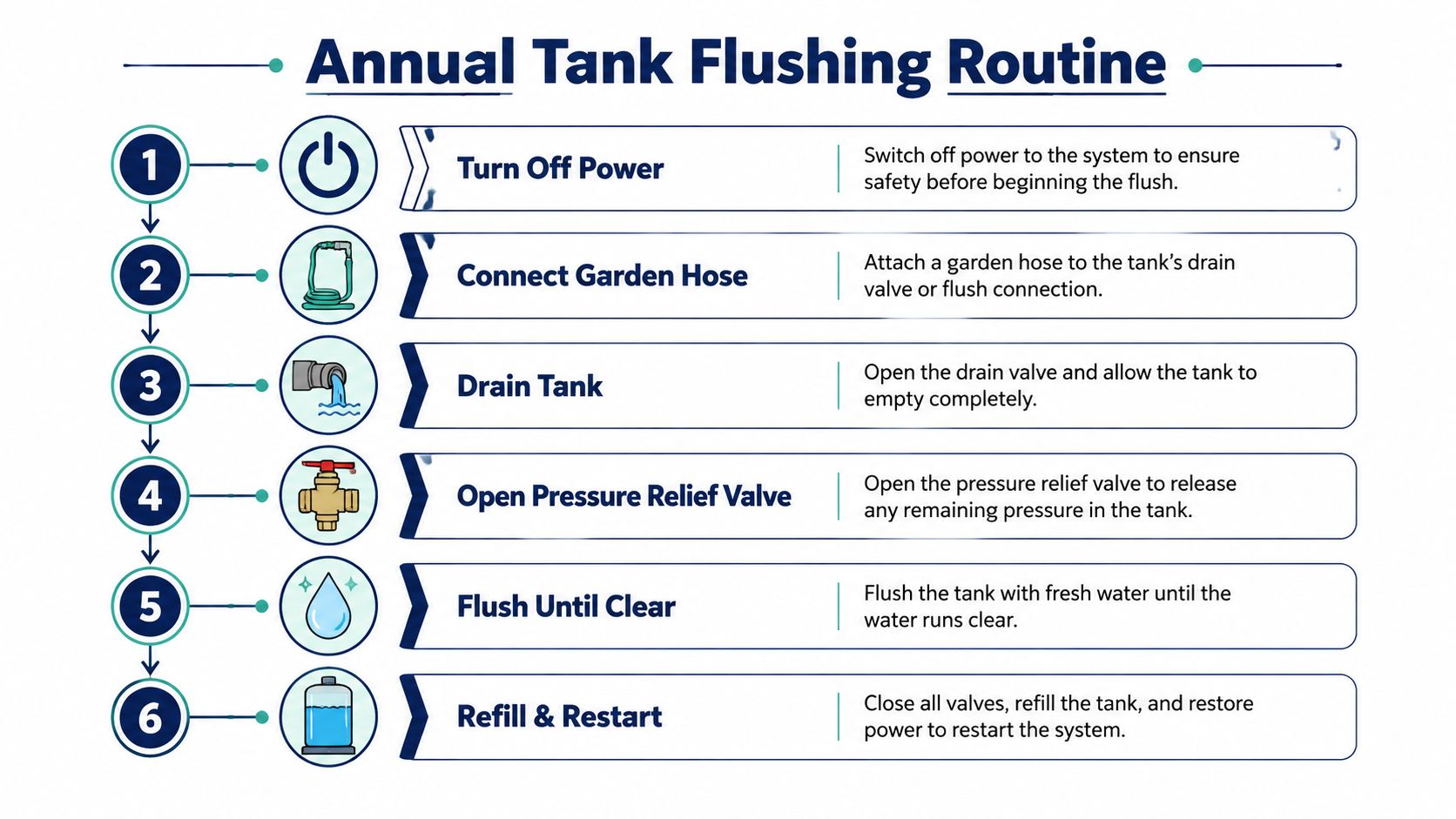 A step-by-step infographic titled Annual Tank Flushing Routine illustrating the six necessary steps for tank maintenance.
