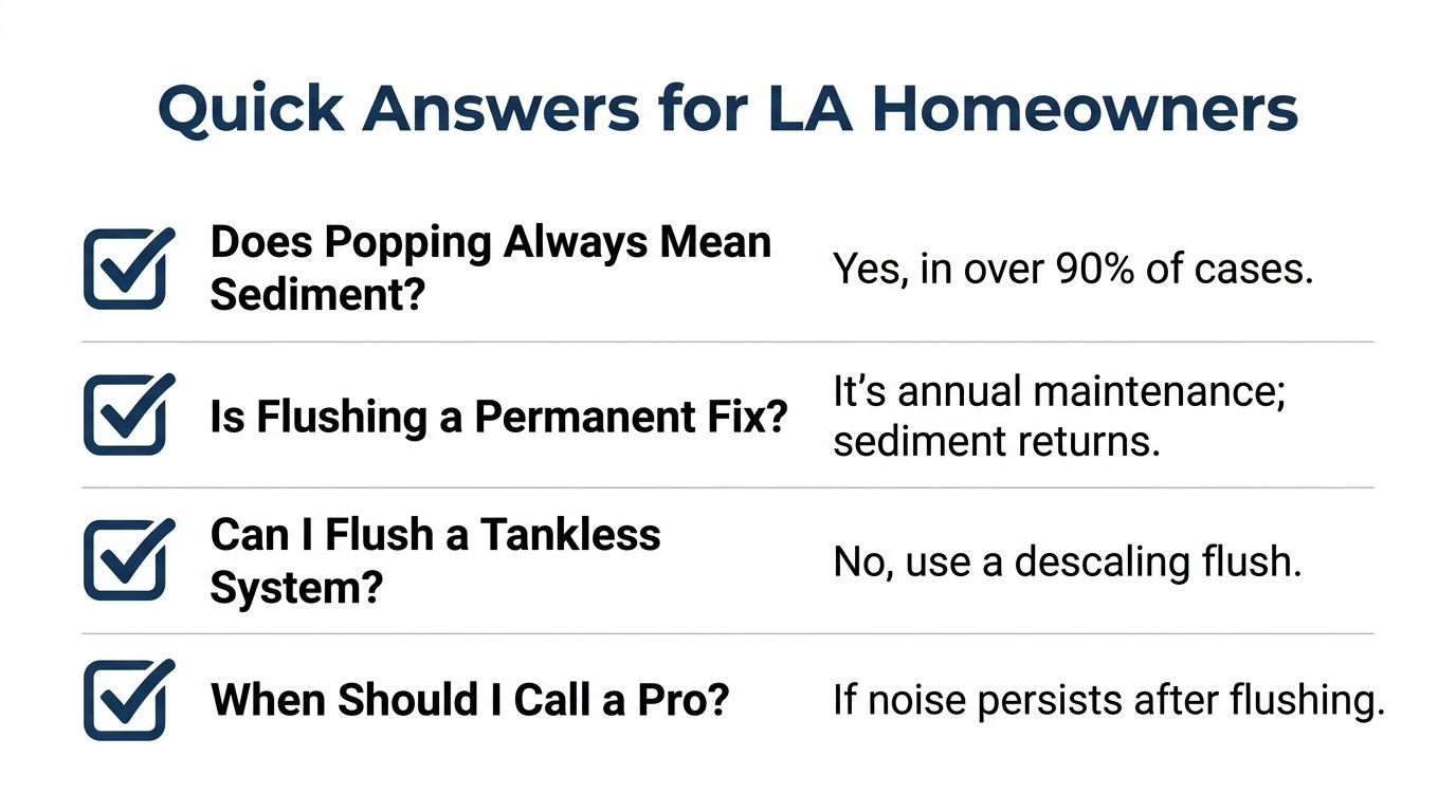 A list of quick answers for LA homeowners regarding water heater popping sounds and maintenance solutions.