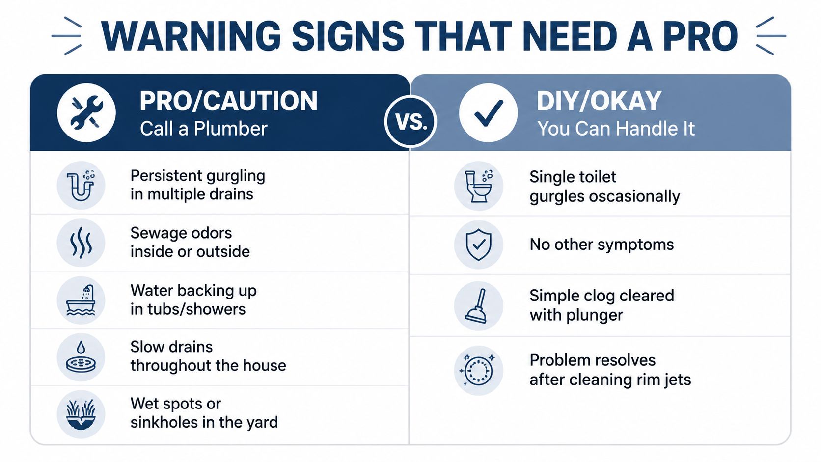 A comparison chart showing warning signs indicating when to call a professional plumber versus DIY toilet repairs.