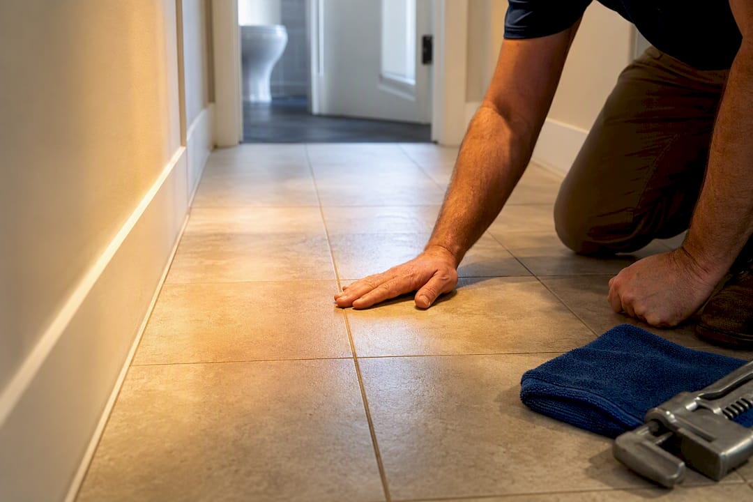 Hand checking a warm patch on tiled floor