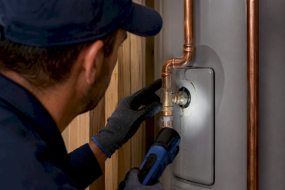 Technician inspecting water heater fitting