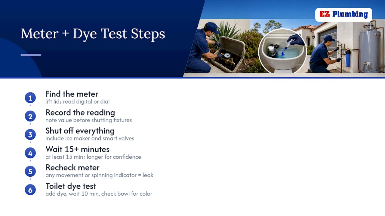 Steps for checking meter and toilet leaks