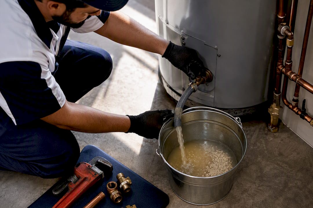 Technician flushing mineral sediment from water heater