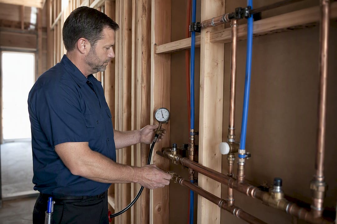 Inspector checking plumbing pressure test setup