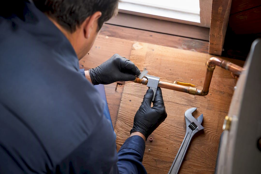 Technician measuring tankless heater gas line