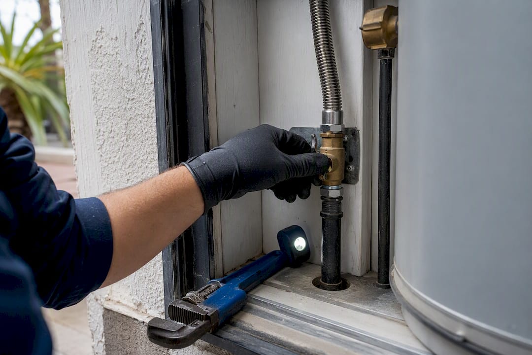 Plumber inspecting gas connector and shutoff