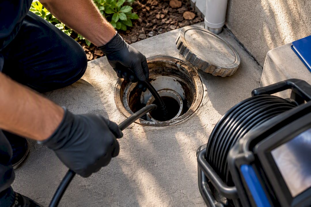 Plumber feeding sewer camera into cleanout