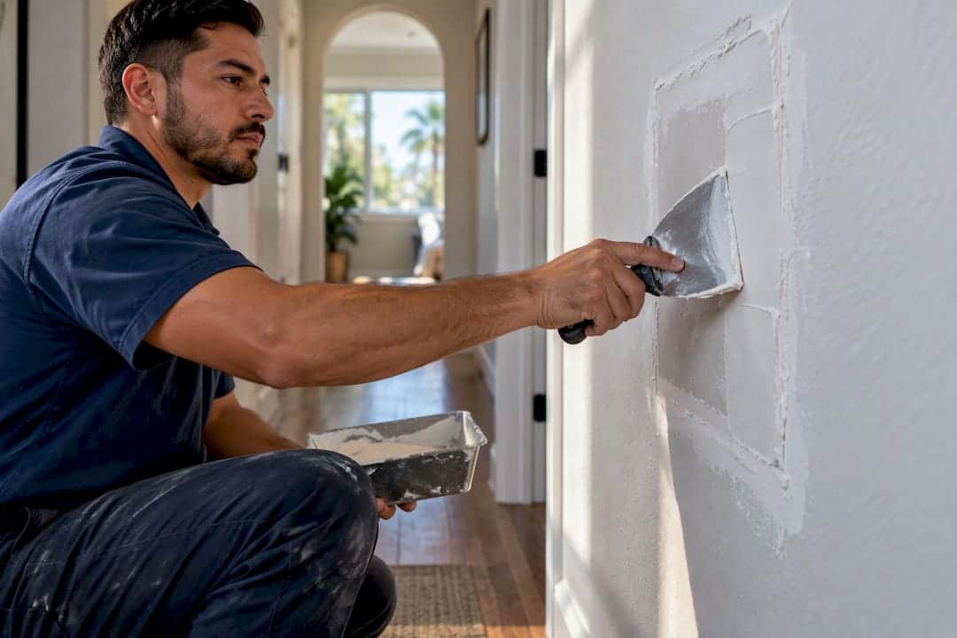 Technician smoothing drywall after repiping