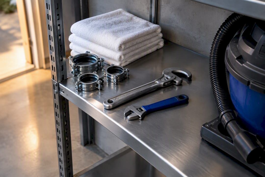 Emergency plumbing tools arranged in utility closet