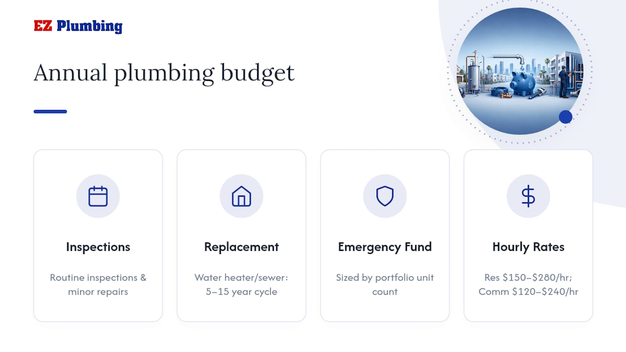 Three plumbing maintenance budget categories and rate ranges