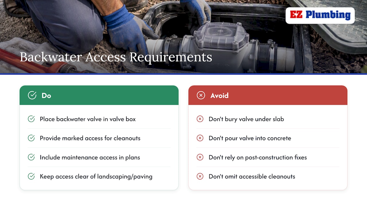 Accessibility and maintenance requirements for backwater devices — overview diagram
