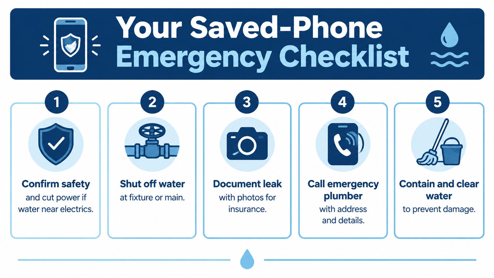 A five-step infographic titled Your Saved-Phone Emergency Checklist providing instructions for handling household water leak emergencies.