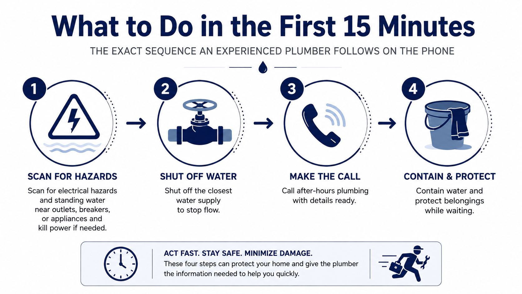 An infographic titled What to Do in the First 15 Minutes featuring four steps to handle plumbing emergencies.