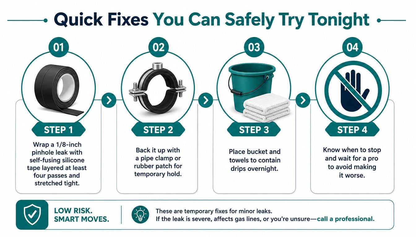 An infographic showing four steps for temporary emergency plumbing repairs using tape, clamps, and containers.