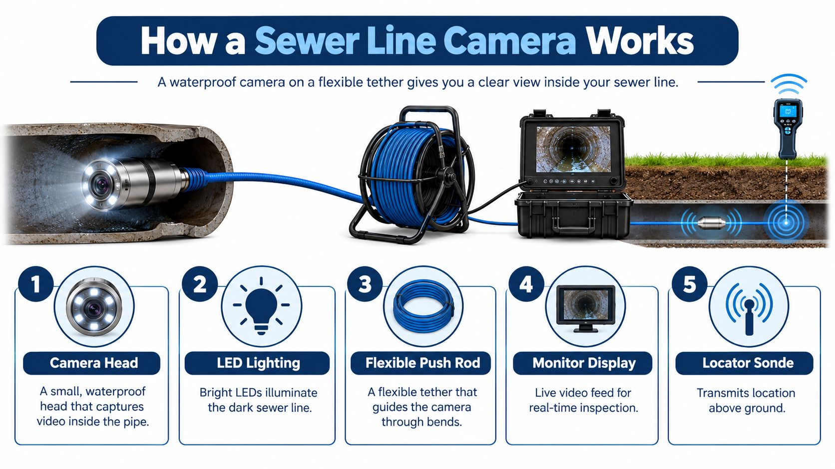 A diagram illustrating the components and functionality of a waterproof sewer line inspection camera system.