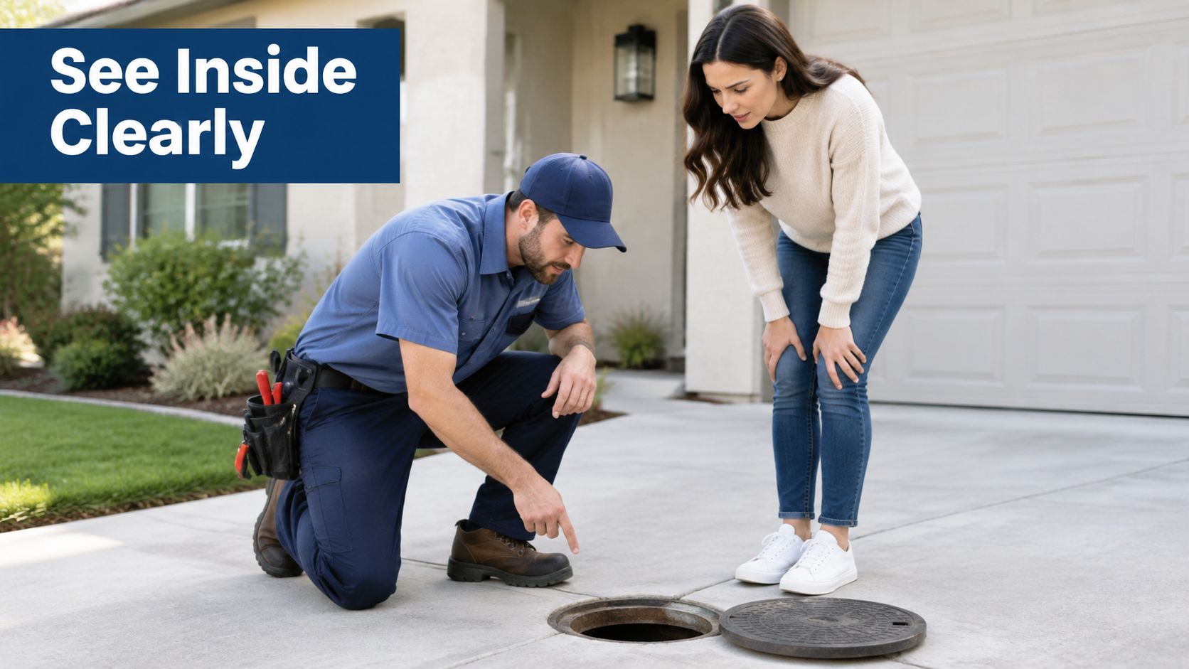 A professional technician pointing out a sewer access point to a woman outside a suburban home.