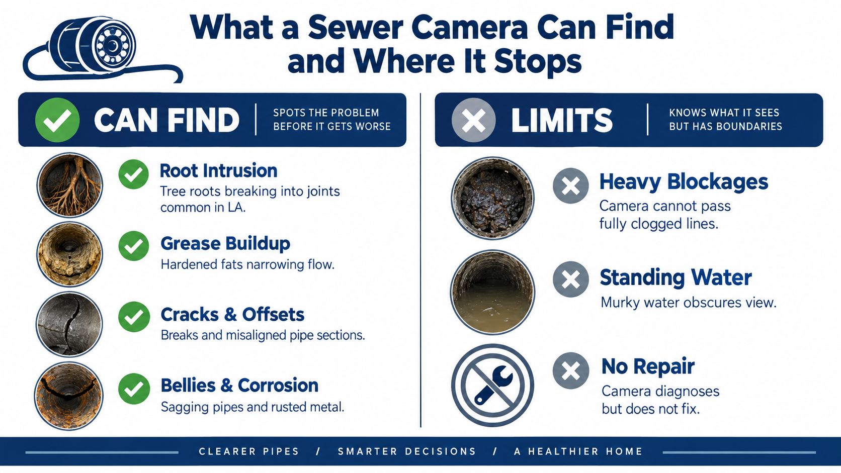 An infographic detailing the capabilities and limitations of sewer line inspection cameras for home maintenance.