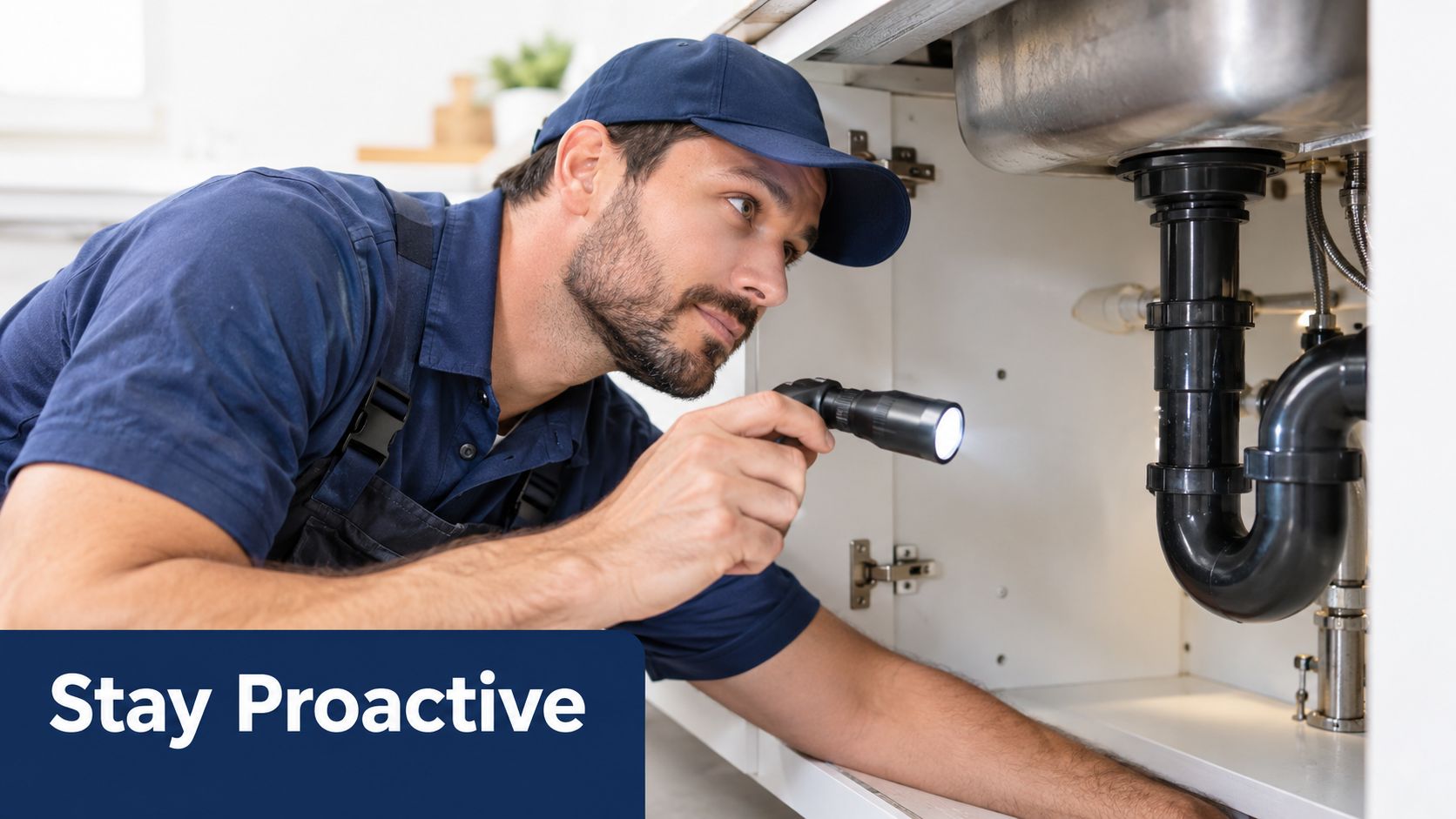 A professional plumber wearing a blue cap inspects kitchen sink pipes using a flashlight for maintenance.