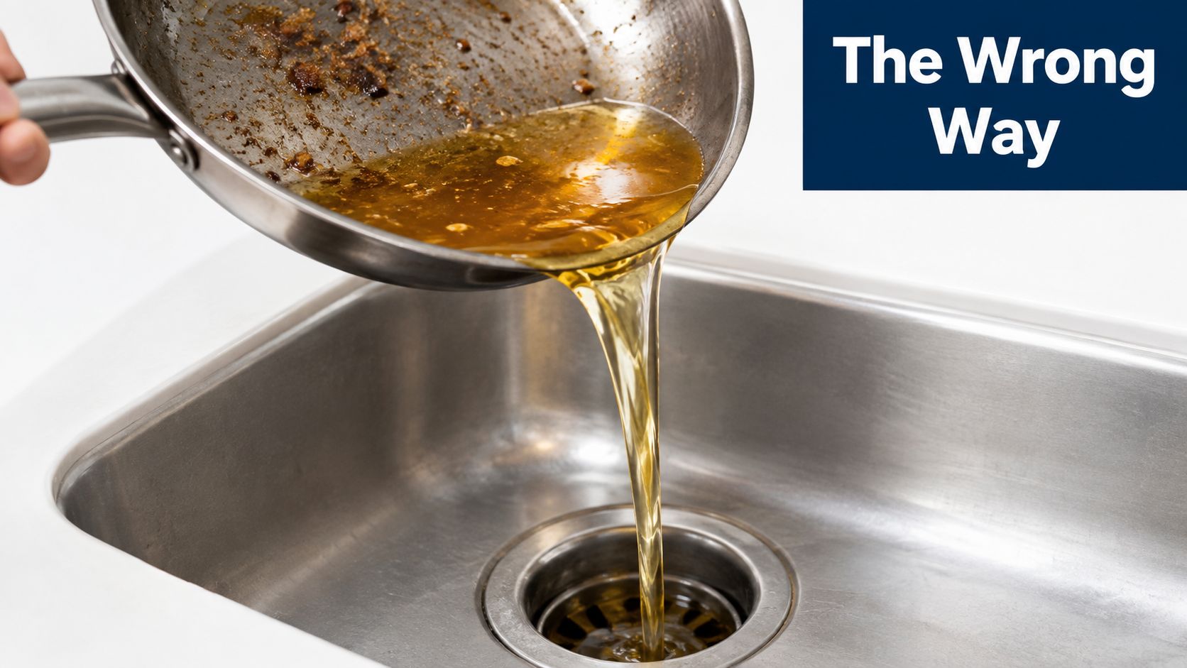 A close-up view of oil being incorrectly poured from a metal pan into a kitchen sink drain.