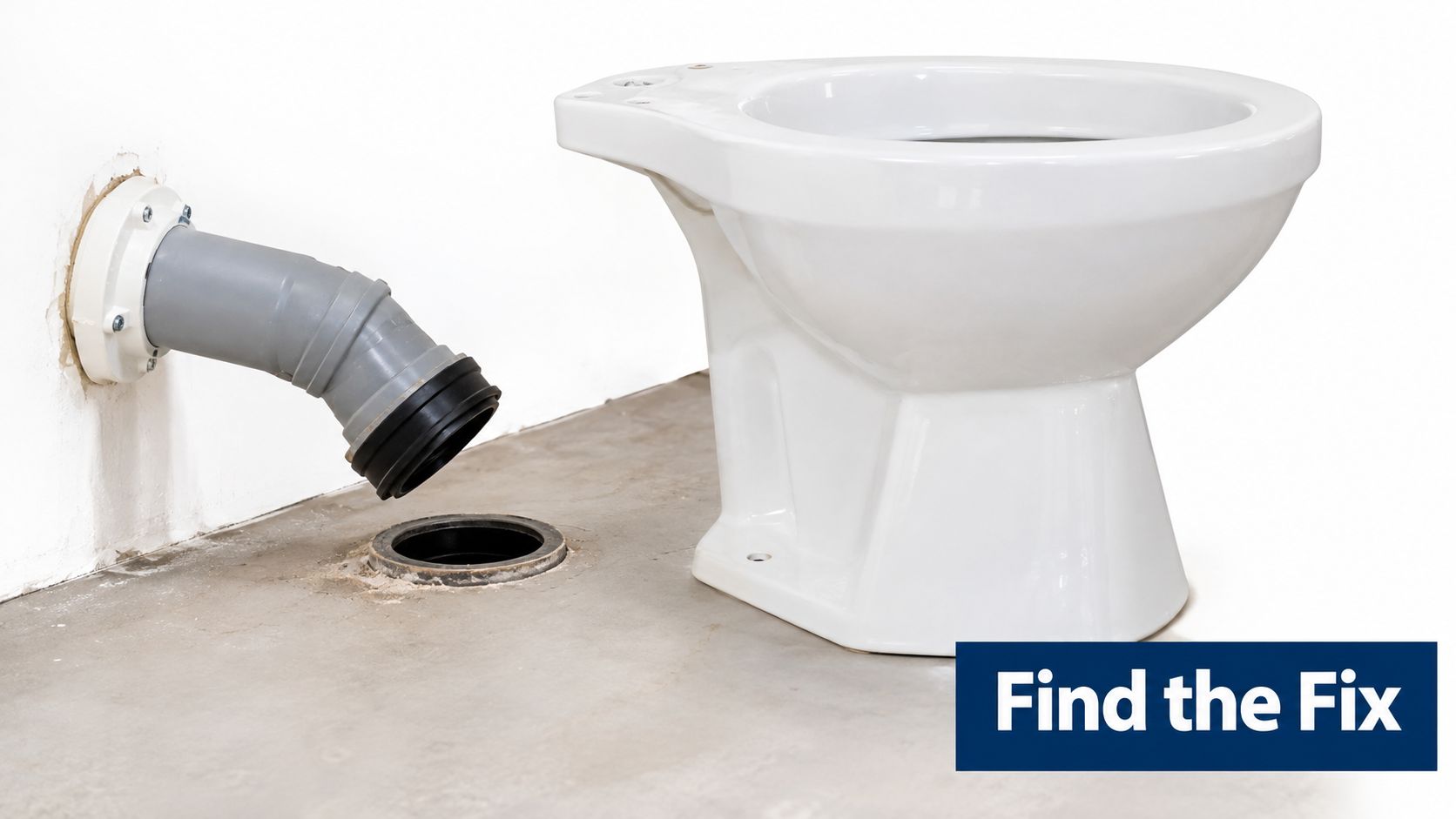A ceramic toilet bowl sitting next to an unconnected pipe fitting and a floor drain.