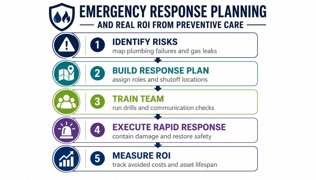 A five-step emergency response planning infographic for commercial property maintenance focusing on risk management and ROI.