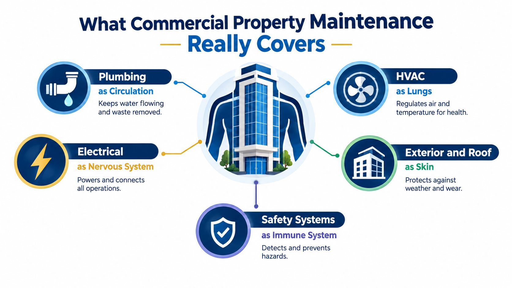 An infographic illustrating commercial property maintenance functions compared to human anatomy systems, including plumbing, electrical, HVAC, and exterior.