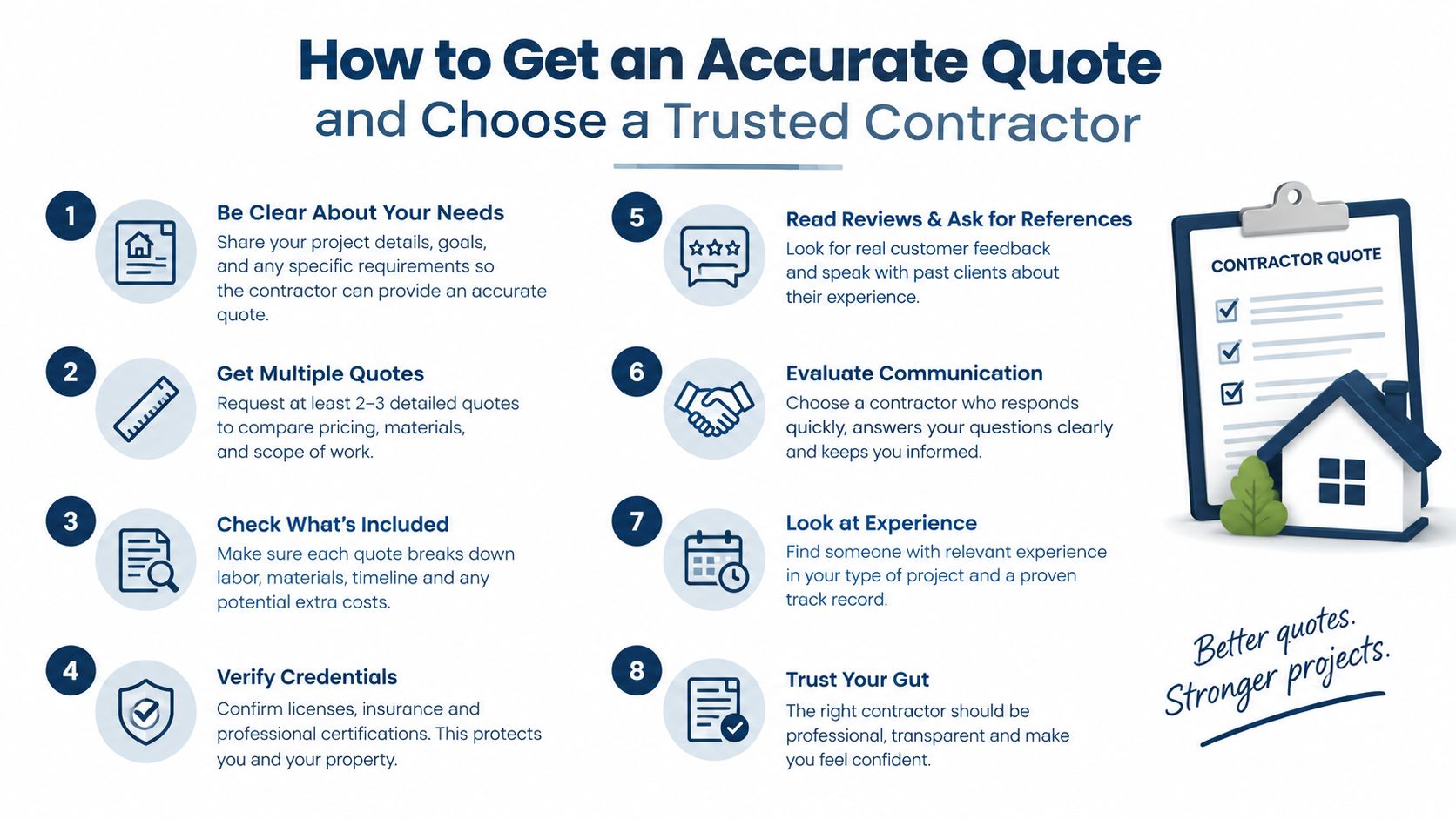 An infographic titled How to Get an Accurate Quote and Choose a Trusted Contractor with eight tips.