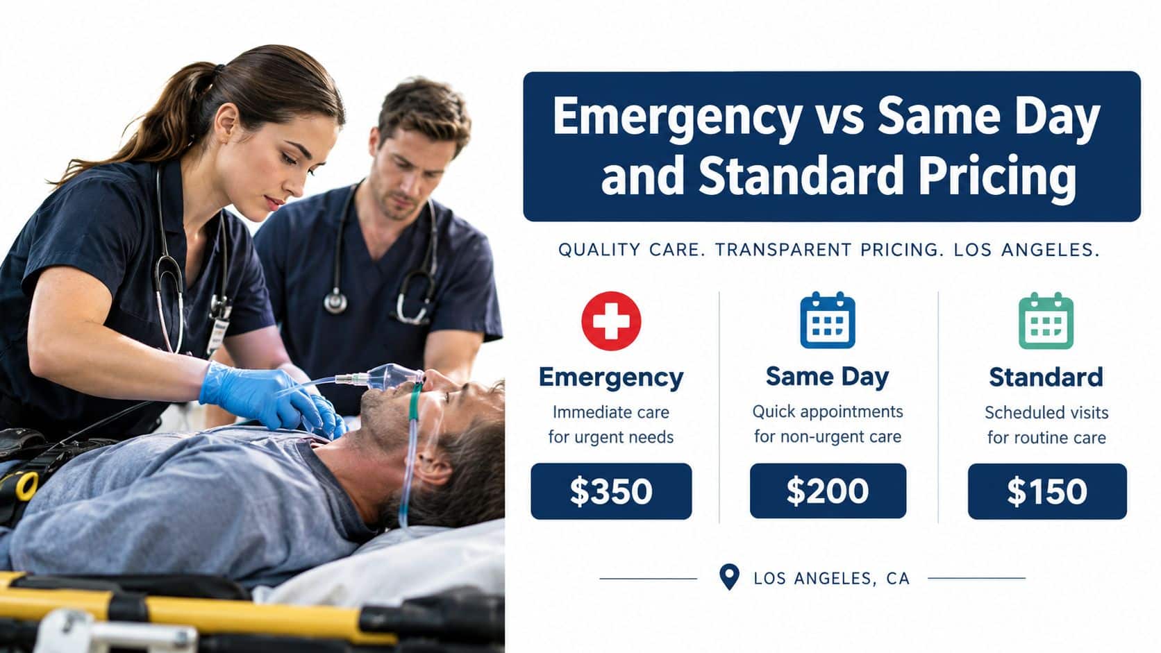 A medical professional providing emergency care to a patient alongside a pricing chart for medical services.