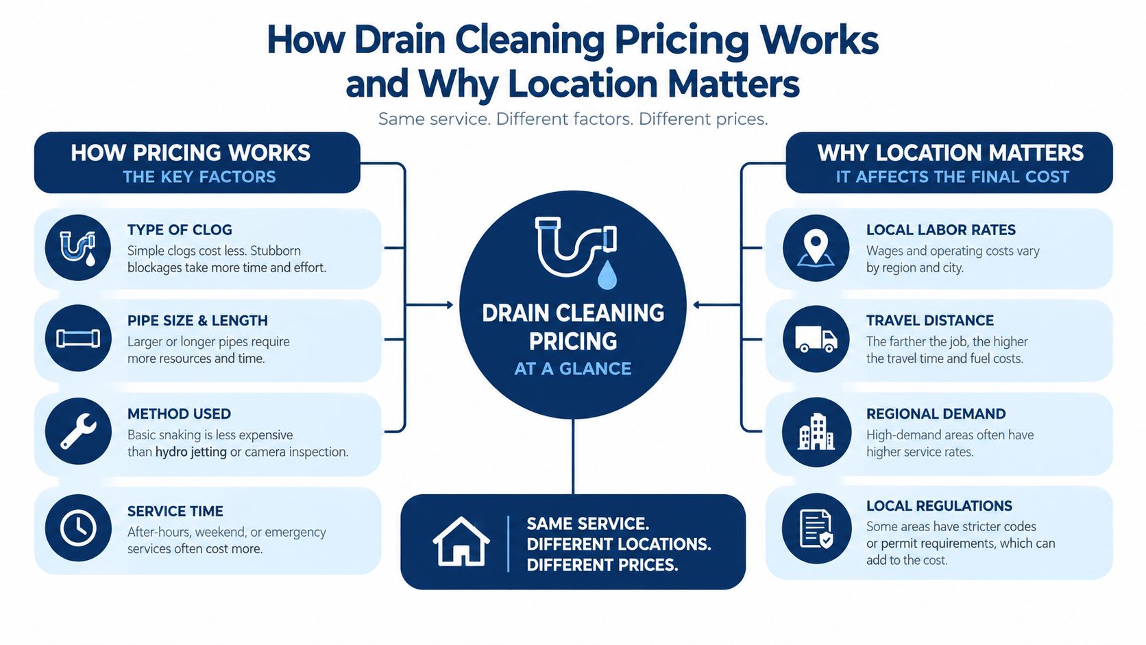 An infographic explaining the key factors that influence the total cost of professional drain cleaning services.
