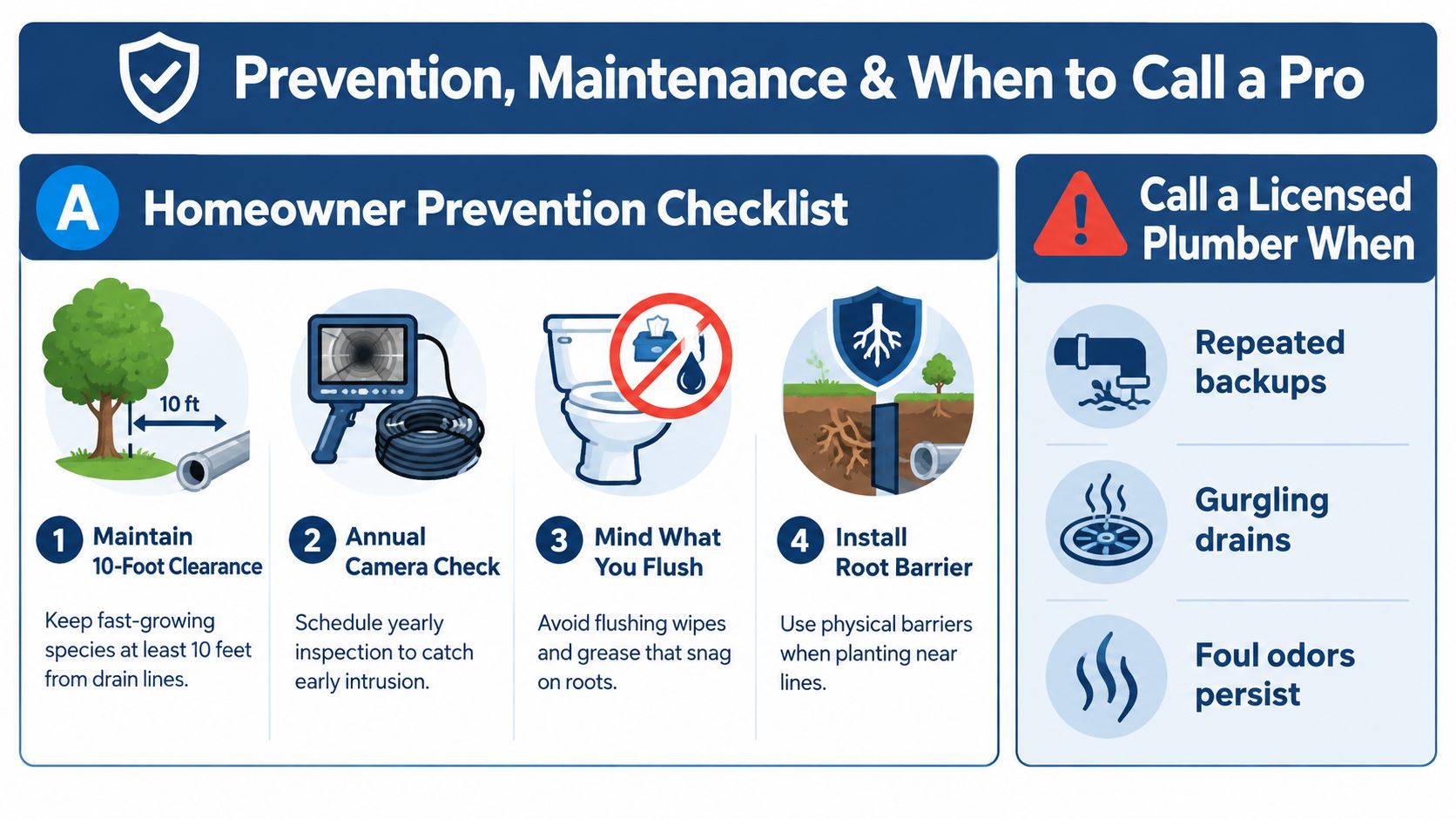 An infographic detailing homeowner tips for drain root prevention and when to hire a professional plumber.