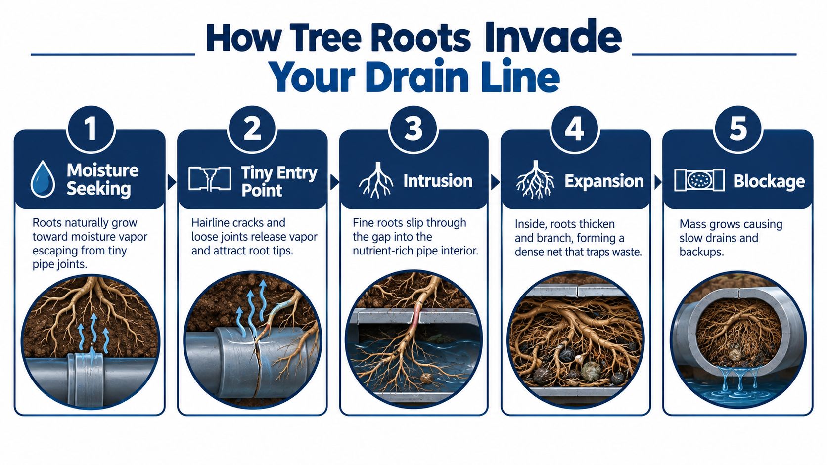 A five-step infographic showing how tree roots grow into and cause blockages in sewer drain pipes.