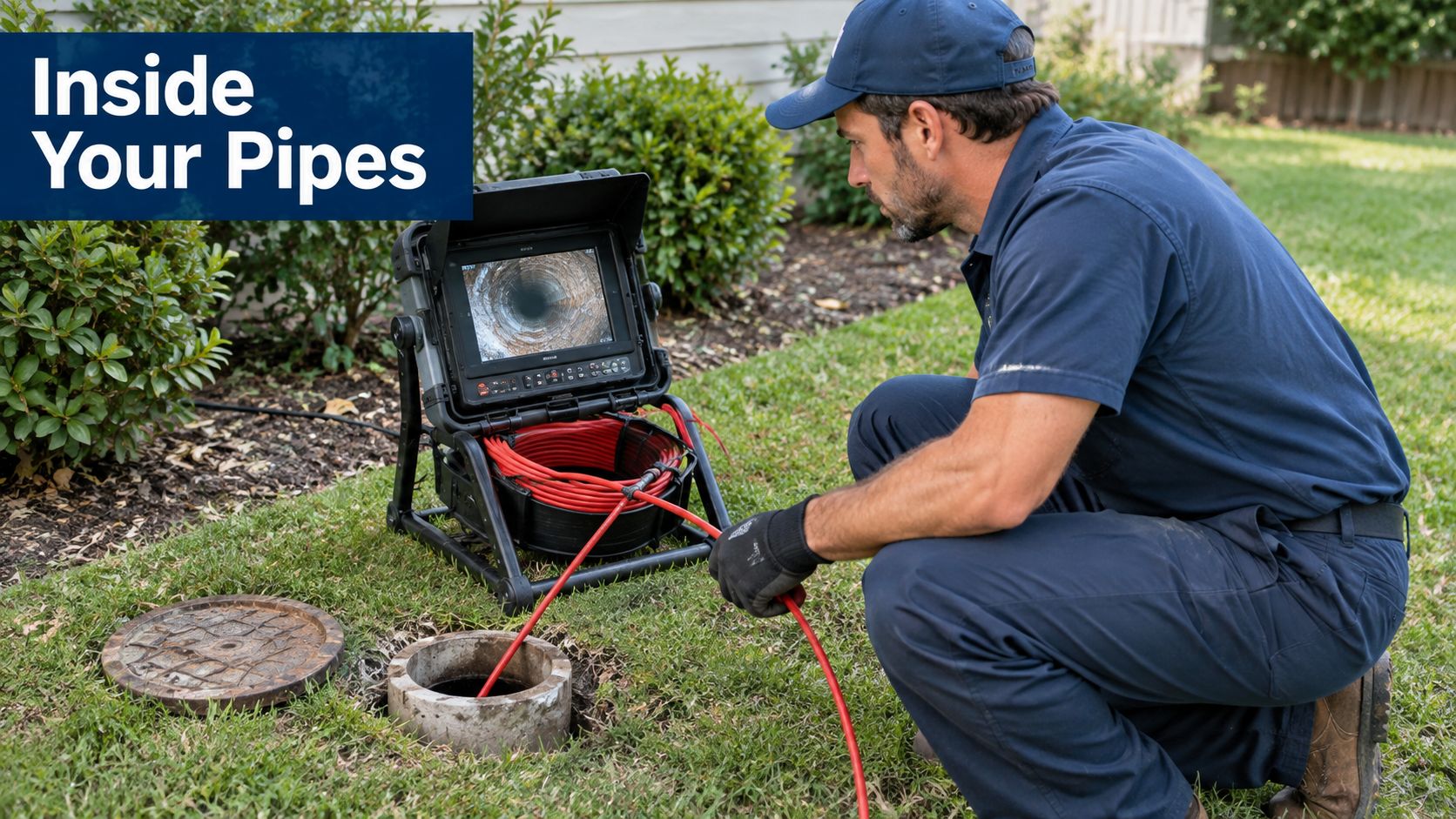 A professional technician uses a pipe inspection camera to examine a residential sewer line in the grass.