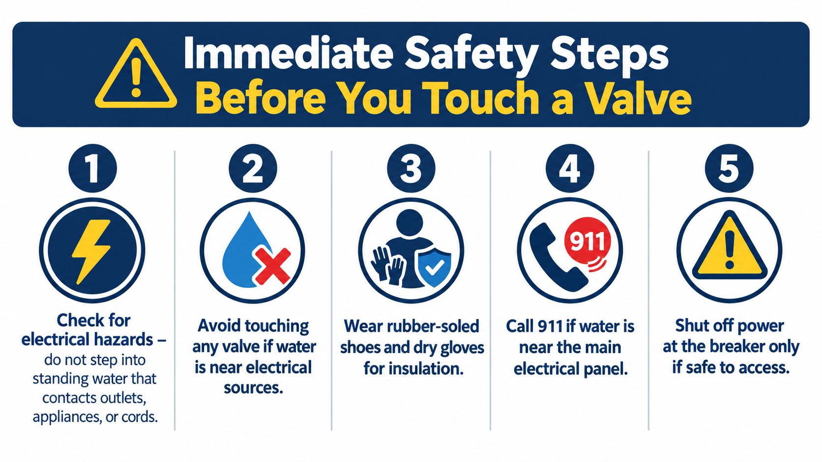 A safety infographic illustrating five essential steps to follow before touching a valve during water emergencies.