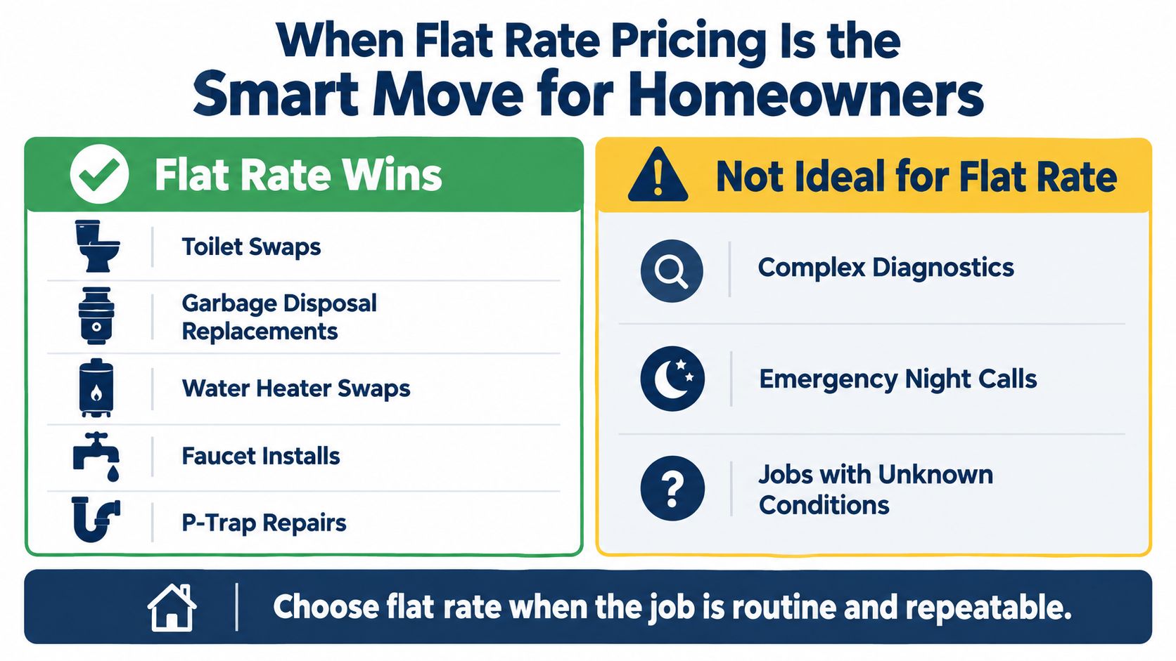 An infographic titled When Flat Rate Pricing Is the Smart Move for Homeowners, comparing suitable and unsuitable services.