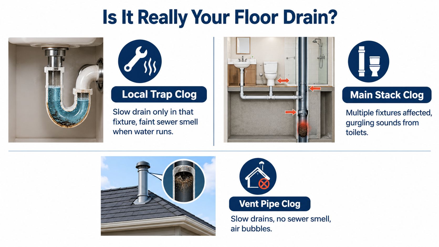A diagnostic infographic explaining if a slow drain is caused by a local trap, main stack, or vent pipe.