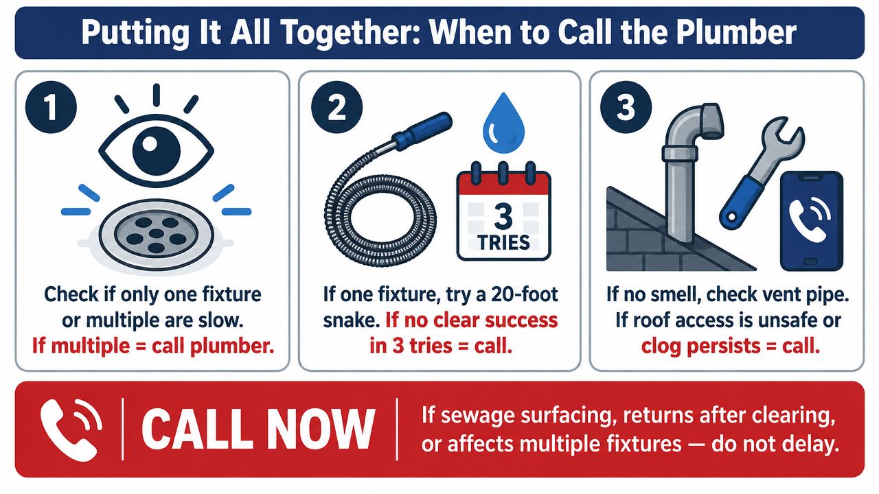 An infographic detailing the decision-making process for identifying when to call a professional plumber for clogged drains.