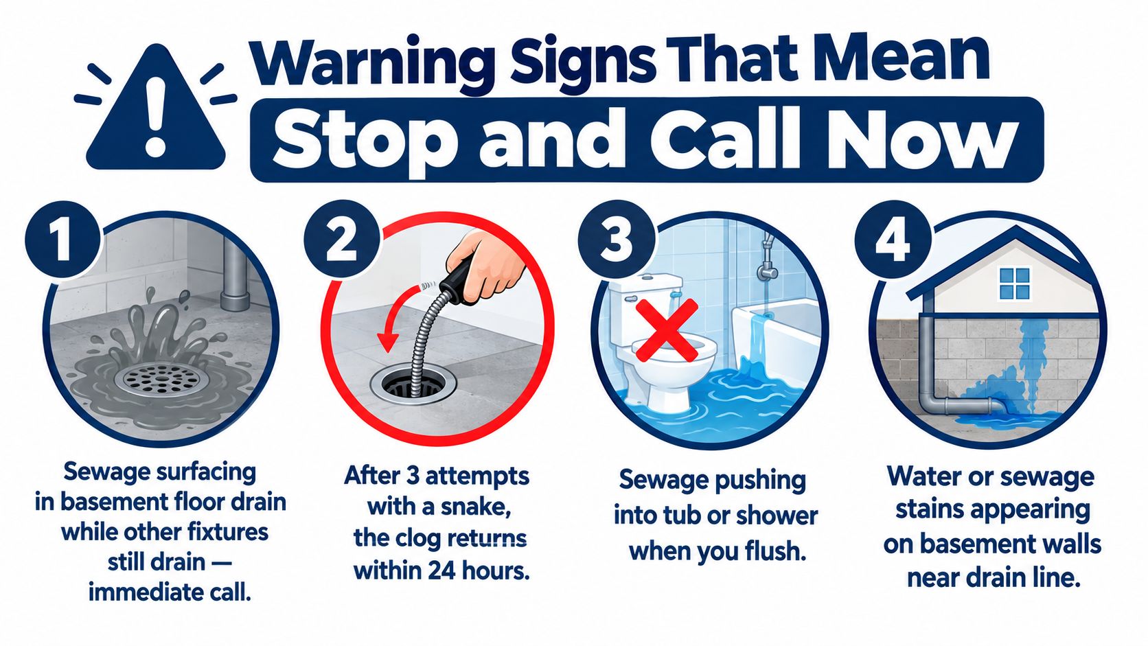 A visual guide showing four warning signs indicating the need for professional plumbing services for drain issues.